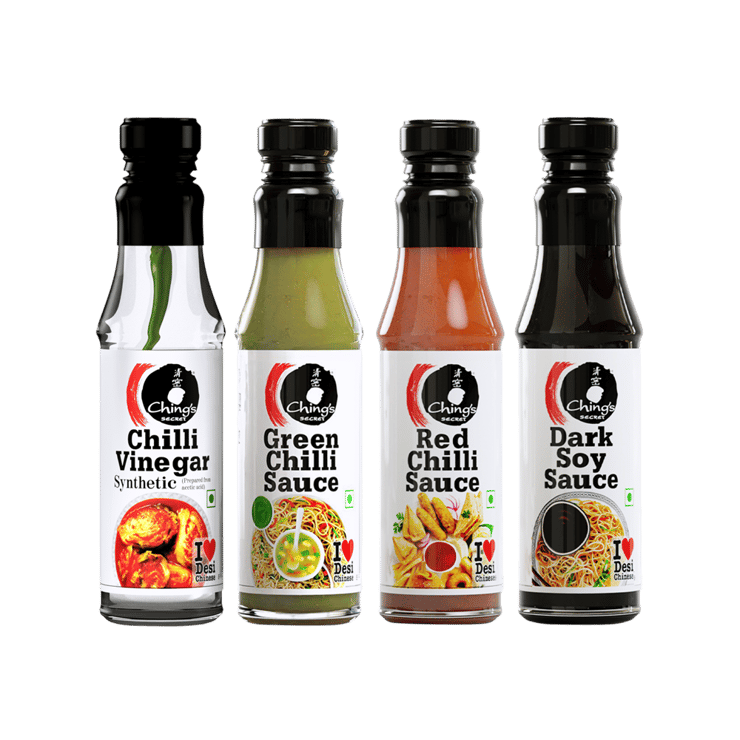 Ching’s Secret Dark Soy Sauce Rich, Brown and Zesty +  Red Chilli Sauce, Bold, Fiery & Aromatic +  Green Chilli Sauce +  Chilli Vinegar Combo – 210 g + 200 g + 190 g + 170 ml