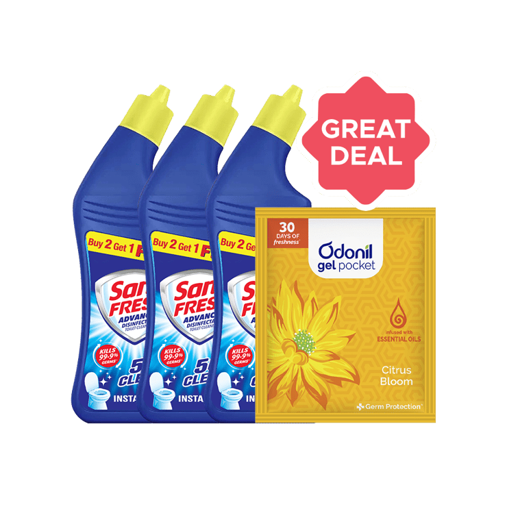 Sani Fresh Ultra Shine Toilet Cleaner – Buy 2 Get 1 Free + Odonil Gel Pocket Citrus Bloom Air Freshener Combo – 3 x 520 ml + 10 g
