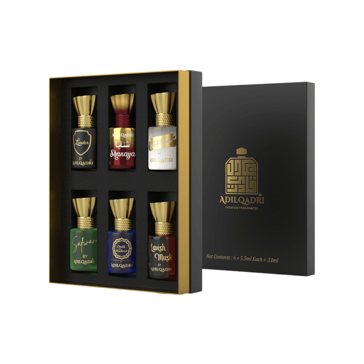 Adil Qadri Assorted Luxury Attar (Leader, Shanaya, White Oudh, Safwar, Oudh A1 Hashmi, Lavish Mask) – 33 ml (6 x 5.5 ml)