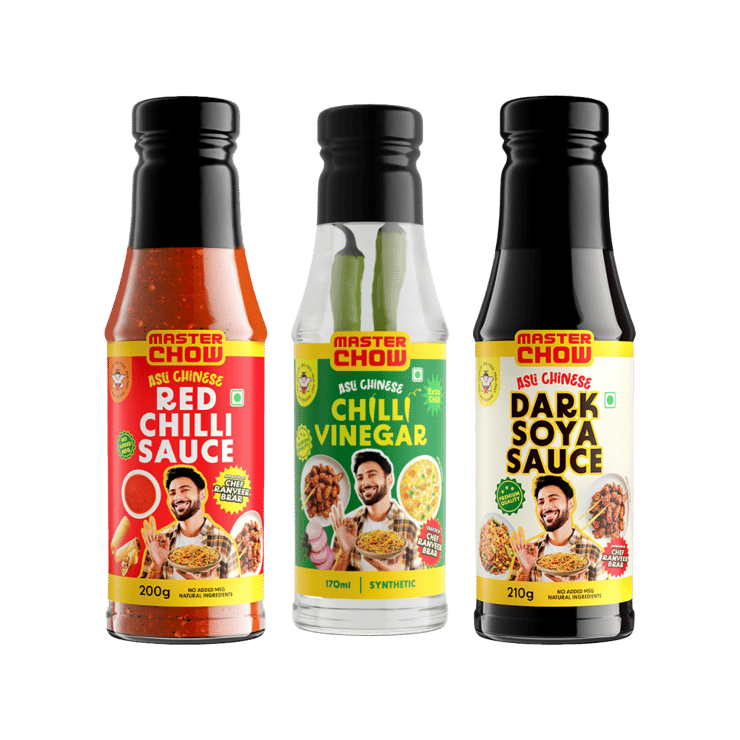 MasterChow Chilli Vinegar +  Dark Soya Sauce +  Green Chilli Sauce +  Red Chilli Sauce Combo – 170 ml + 210 g + 190 g + 200 g