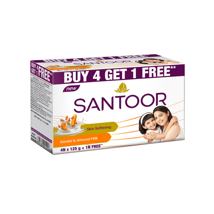 Santoor Skin Softening Sandal & Almond Milk Soap – Buy 4 Get 1 Free – 4 x 125 g + 125 g