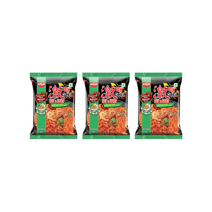 Nissin Geki Korean Ramen Spicy Veg Flavoured Instant Noodles - Pack of 3 - 3 x 80 g