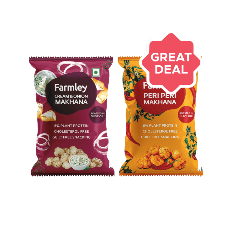 Farmley Cream & Onion Roasted Flavoured Makhana Roasted In Olive Oil +  Peri Peri Roasted Flavoured Makhana Roasted In Olive Oil Combo - 16 g + 16 g