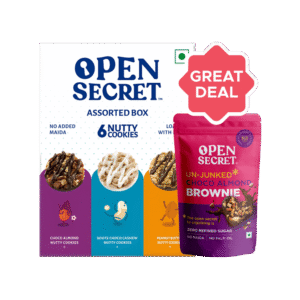 Open Secret Chocolate Almond Valentines Heart Brownie, Veg Cake +  Assorted Protein Cookies Gift Pack - Choco Almonds, White Choco Cashews & Peanut Butter Combo