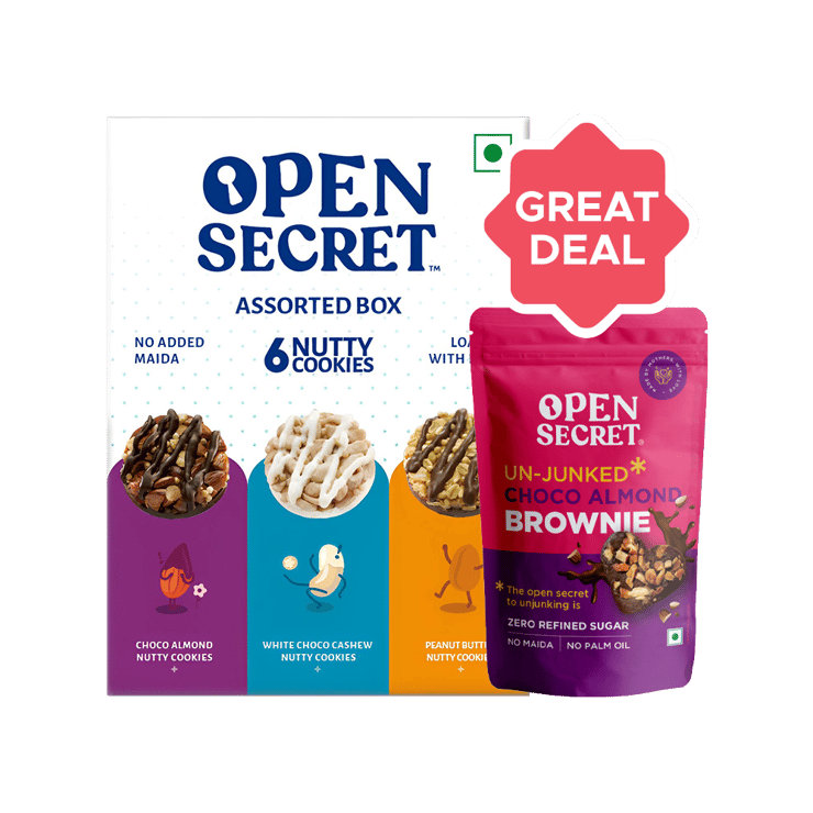 Open Secret Chocolate Almond Valentines Heart Brownie, Veg Cake +  Assorted Protein Cookies Gift Pack - Choco Almonds, White Choco Cashews & Peanut Butter Combo