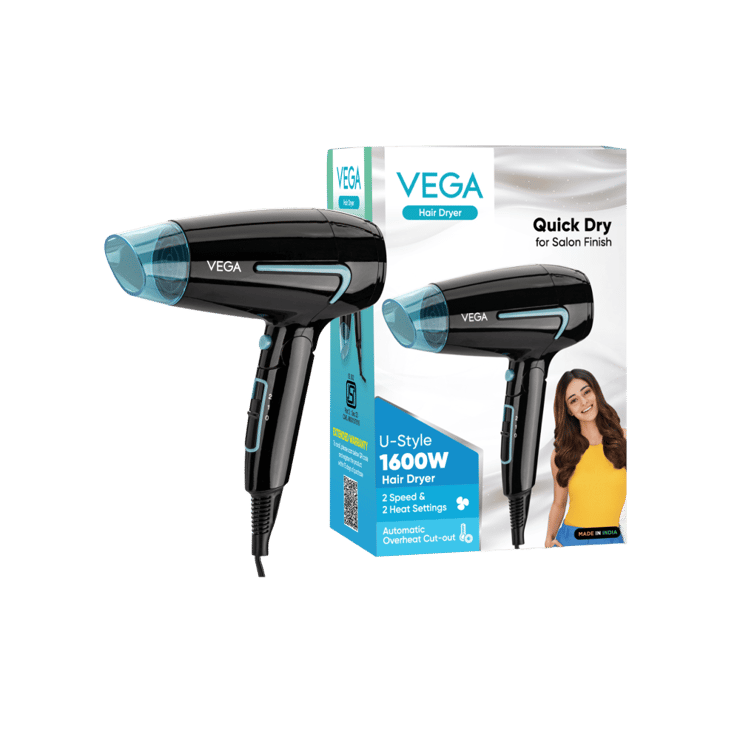 Vega U Style Foldable Hair Dryer, VHDH-24 (Black, 1600W) - 1 unit