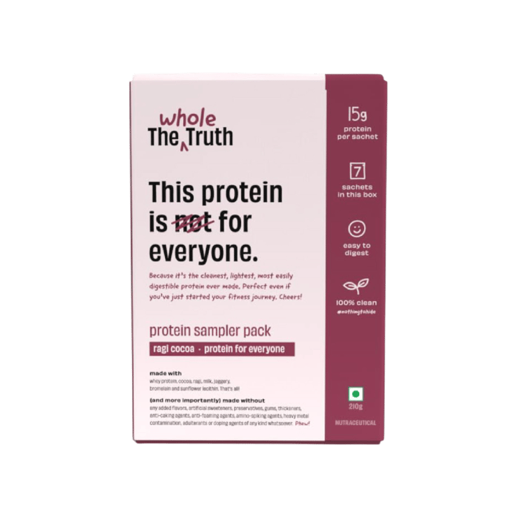 The Whole Truth Whey Protein Sampler Pack - Ragi Cocoa (15 g Protein Per Sachet) - 7 x 30 g