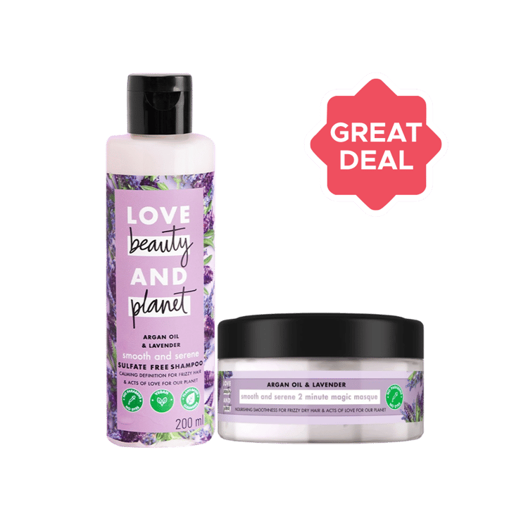 Love Beauty & Planet Argan Oil and Lavender Shampoo +  Argan Oil & Lavender Hair Mask Combo - 200 ml + 200 ml