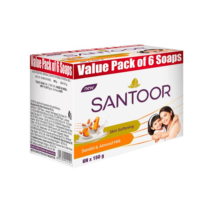 Santoor Skin Softening Soap (Sandal & Almond Milk) - Pack of 6 - 6 x 150 g
