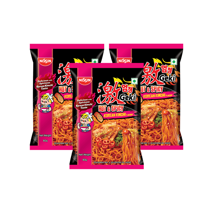 Nissin Geki Korean Ramen Spicy Kimchi Flavoured Instant Noodles - Pack of 3 - 3 x 80 g