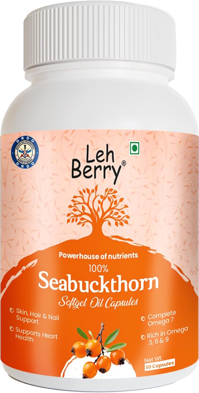 Leh Berry Seabuckthorn Oil Softgels (500mg) - Complete Omega 3, 6, 7 & 9 | 60 Vegetarian Capsules - Image 2