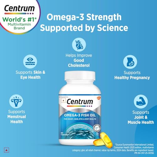 Centrum Omega 3 Fish Oil Capsules 1000mg Supplements | Omega 3 with 180mg EPA, 120mg DHA for Hair and Skin Health, Joint Health, Brain Health | No Fishy Aftertaste - 60 Capsules - Image 3