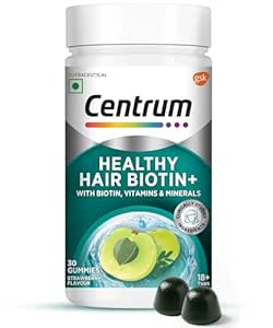 Centrum Healthy Hair Biotin+ Gummies | With Biotin, Zinc, Folic Acid, Vitamin B12, C, D for Hair Growth, Volume, Shine | Strawberry Flavour | Veg - 30 Gummies