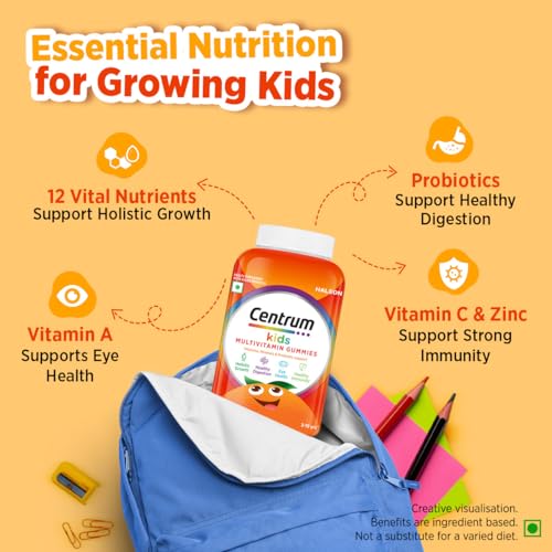 Centrum Kids- Multivitamin Gummies for Kids | Non-Habit Forming | With Zinc, Vitamin B, C, D for Overall Growth, Healthy Digestion, Eye Health, Immunity | Tasty Orange Flavour | Veg - 50 gummies - Image 4