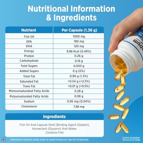 Centrum Omega 3 Fish Oil Capsules 1000mg Supplements | Omega 3 with 180mg EPA, 120mg DHA for Hair and Skin Health, Joint Health, Brain Health | No Fishy Aftertaste - 60 Capsules - Image 8