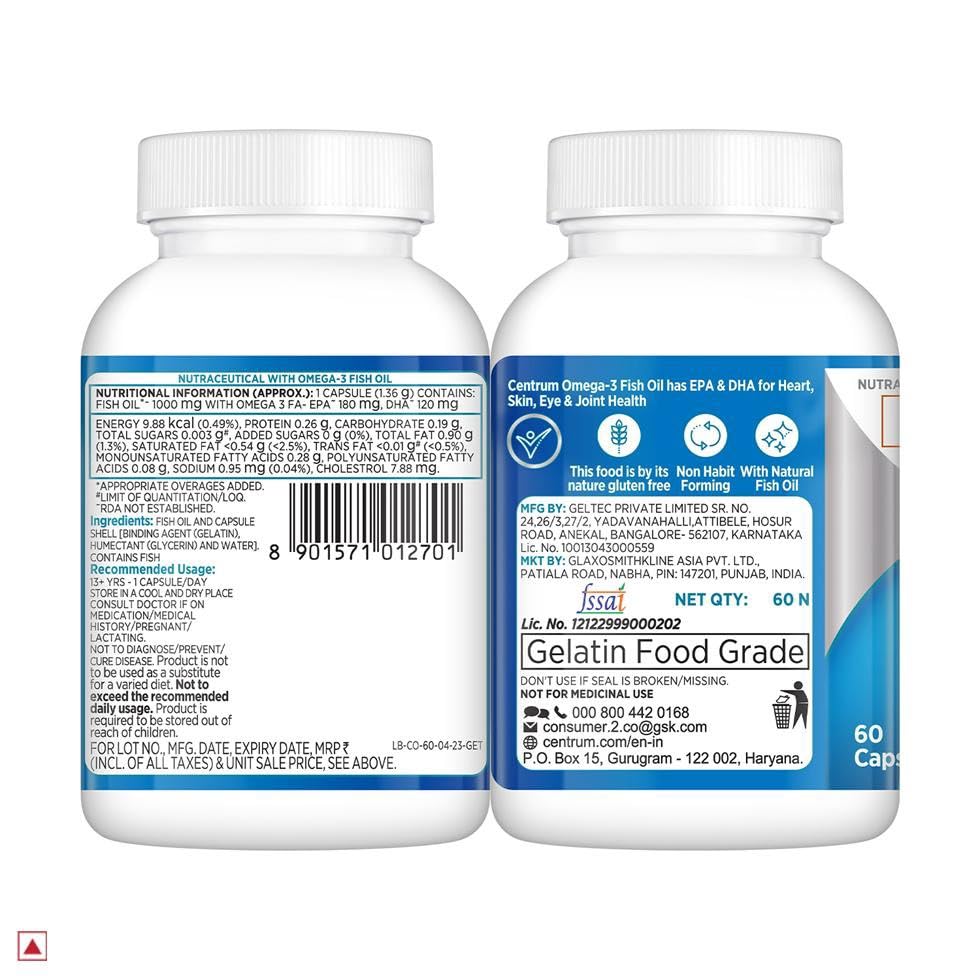 Centrum Omega 3 Fish Oil Capsules 1000mg Supplements | Omega 3 with 180mg EPA, 120mg DHA for Hair and Skin Health, Joint Health, Brain Health | No Fishy Aftertaste - 60 Capsules - Image 10
