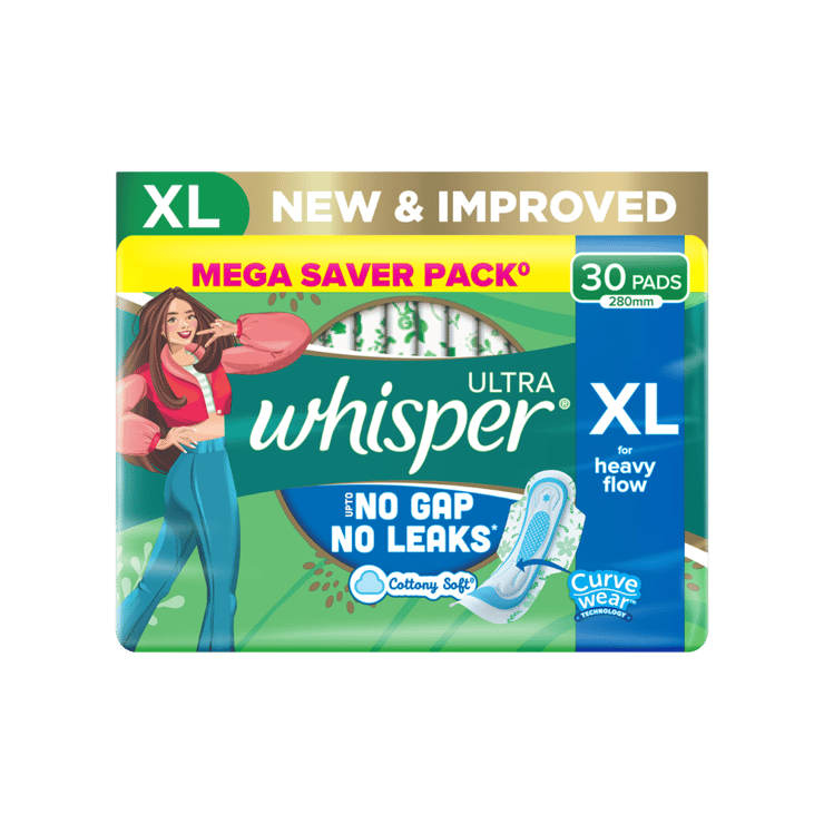 Whisper Ultra Upto No Gap No Leaks Sanitary Pads (XL, 30 pieces) – 1 pack (30 pieces)