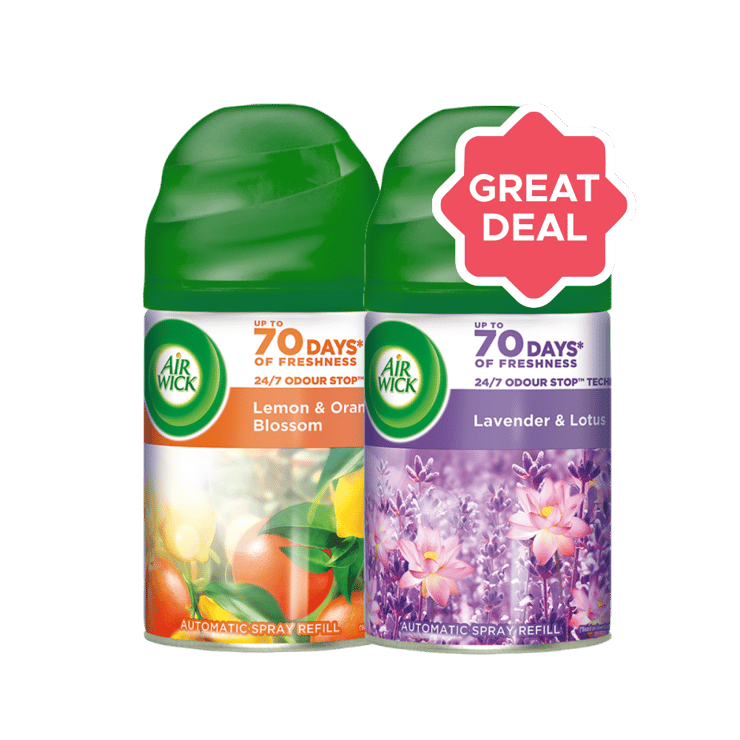 Airwick Freshmatic Room Freshener Refill (Lemon & Orange Blossom) + Airwick Freshmatic Automatic Air Freshener Refill (Lavender & Lotus) Combo – 250 ml + 250 ml