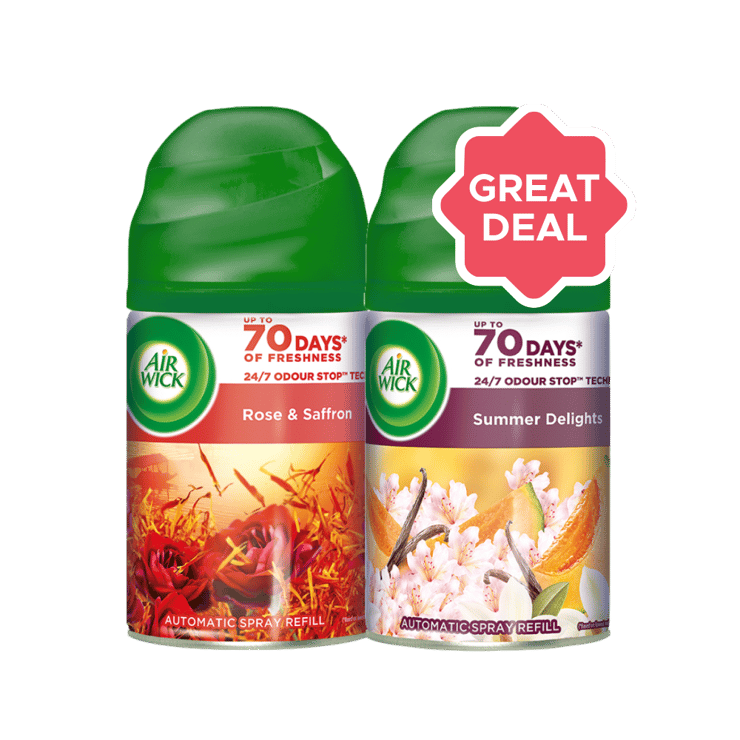 Airwick Airwick Freshmatic Automatic Room Freshener (Rose and Saffron) + Airwick Freshmatic Air Freshener Refill (Summer Delights) Combo – 250 ml + 250 ml