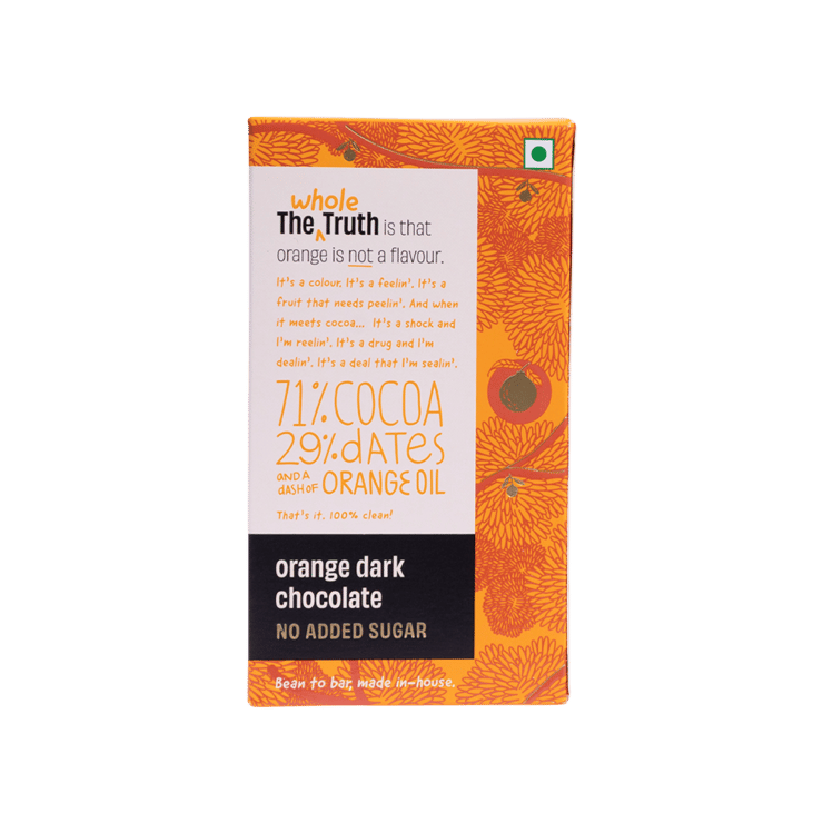 The Whole Truth Orange Dark Chocolate Bar (Cocoa 71%, Dates 29% & Dash of Orange Oil) – 80 g