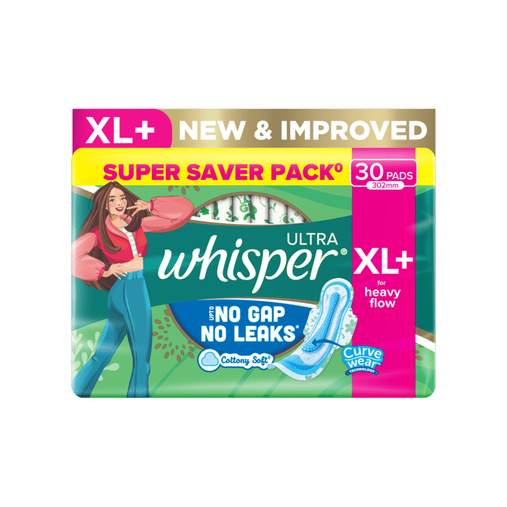 Whisper Ultra Upto No Gap No Leaks Sanitary Pads (XL+, 30 pieces) – 30 pieces