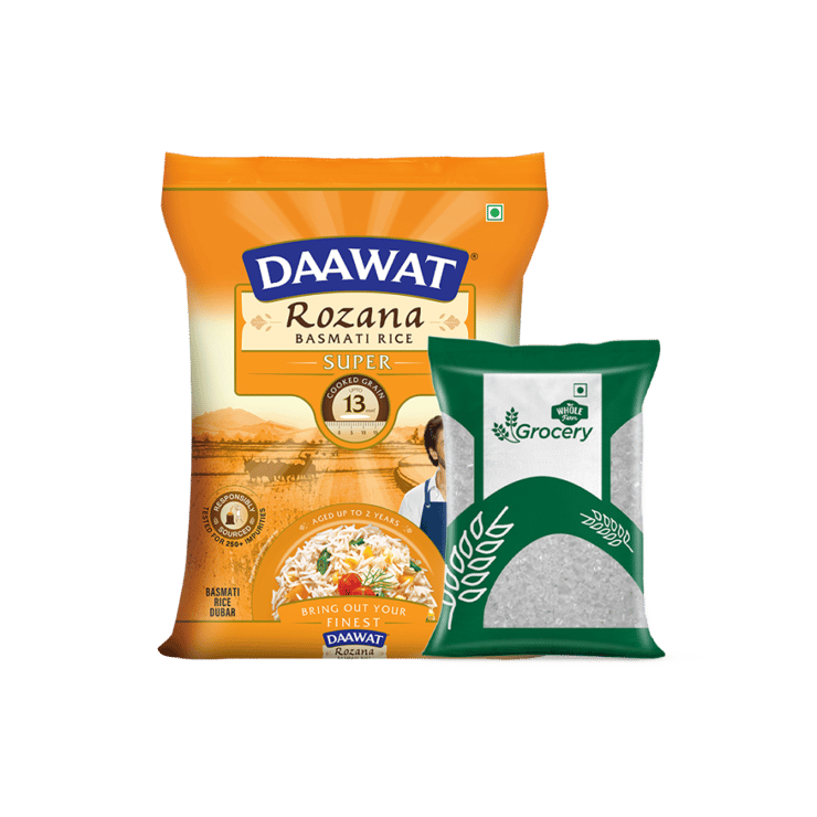 Daawat Rozana Super Basmati Rice (Medium Grain) + Whole Farm Grocery Sugar (Packet) Combo – 5 kg + 1 kg