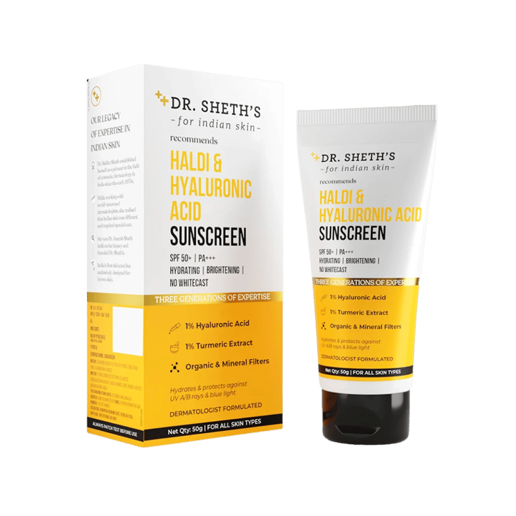 Dr. Sheth’s Haldi & Hyaluronic Acid Sunscreen (SPF 50+ PA+++) – 50 g
