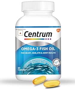 Centrum Omega 3 Fish Oil Capsules 1000mg Supplements | Omega 3 with 180mg EPA, 120mg DHA for Hair and Skin Health, Joint Health, Brain Health | No Fishy Aftertaste – 60 Capsules