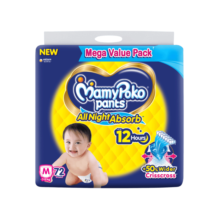 MamyPoko Pants All Night Absorb Baby Diaper (M 7-12 kg – 72 Diapers)