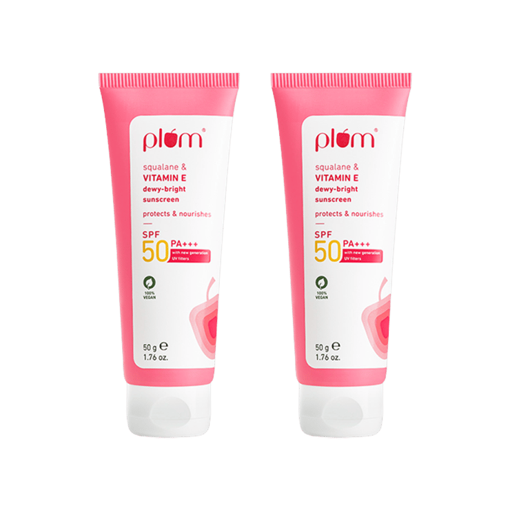 Plum Squalane & Vitamin Dewy Bright Sunscreen (SPF 50 PA+++) – Pack of 2 – 2 x 50 g