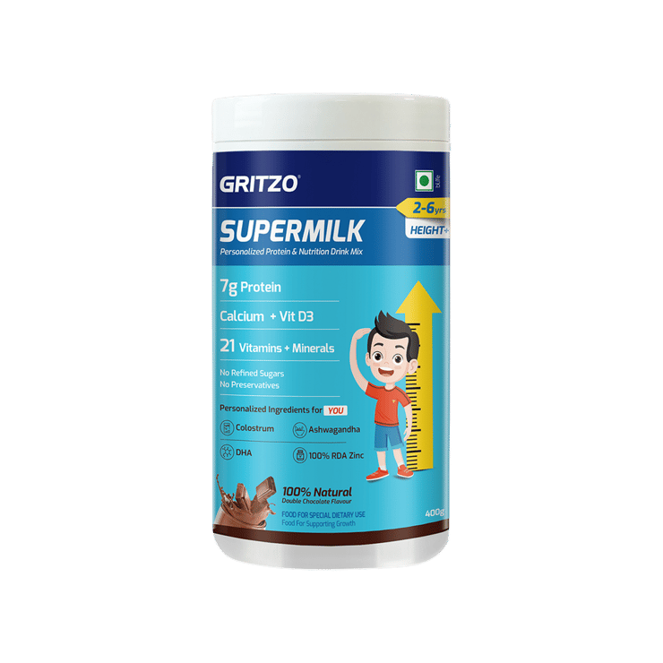 Gritzo SuperMilk Height+ 7 g Protein Drink Mix (2 – 6 years, Double Chocolate) – 400 g