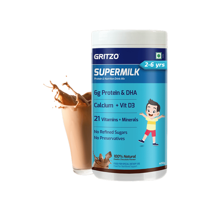 Gritzo Supermilk Overall Growth with 6 g Protein Drink Mix (Double Chocolate, 2-6 years) – 400 g