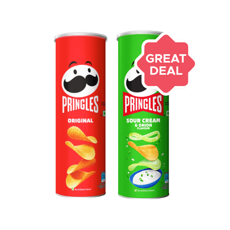 Pringles Sour Cream & Onion Potato Chips + Pringles Original Potato Chips Combo – 107 g + 107 g