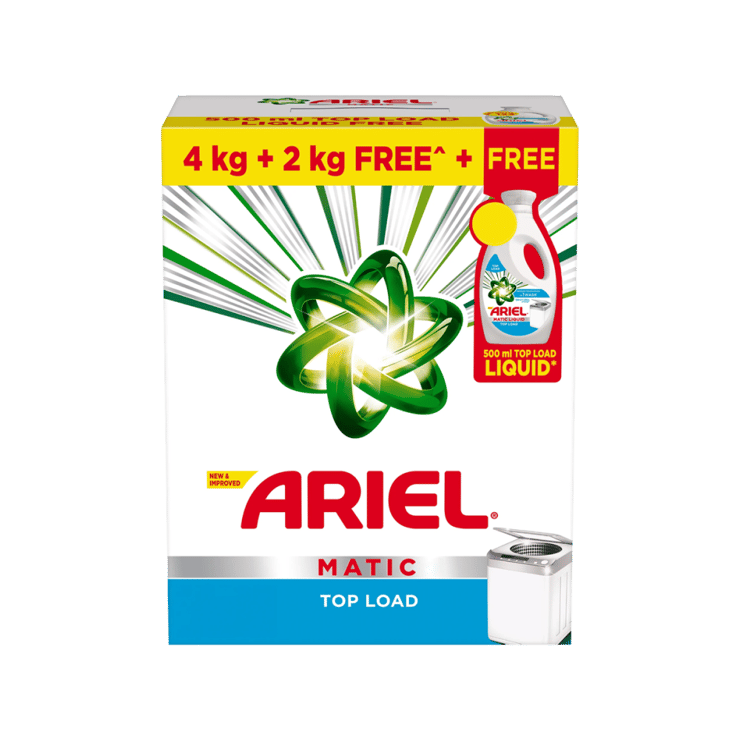 Ariel Matic Top Load Detergent Powder – Free 500 ml Liquid Detergent Inside – 6 kg + 500 ml