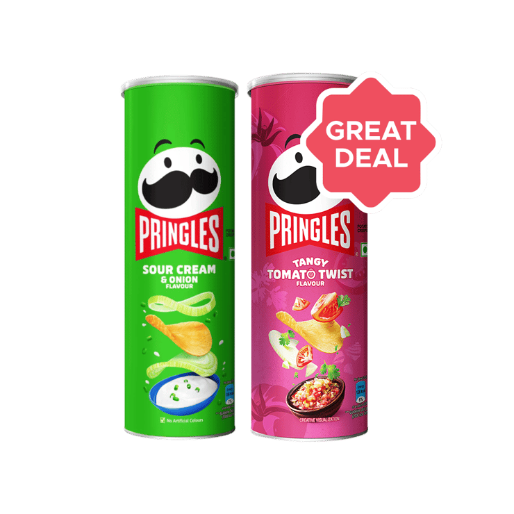 Pringles Sour Cream & Onion Potato Chips + Tangy Tomato Twist Potato Chips Combo – 107 g + 102 g