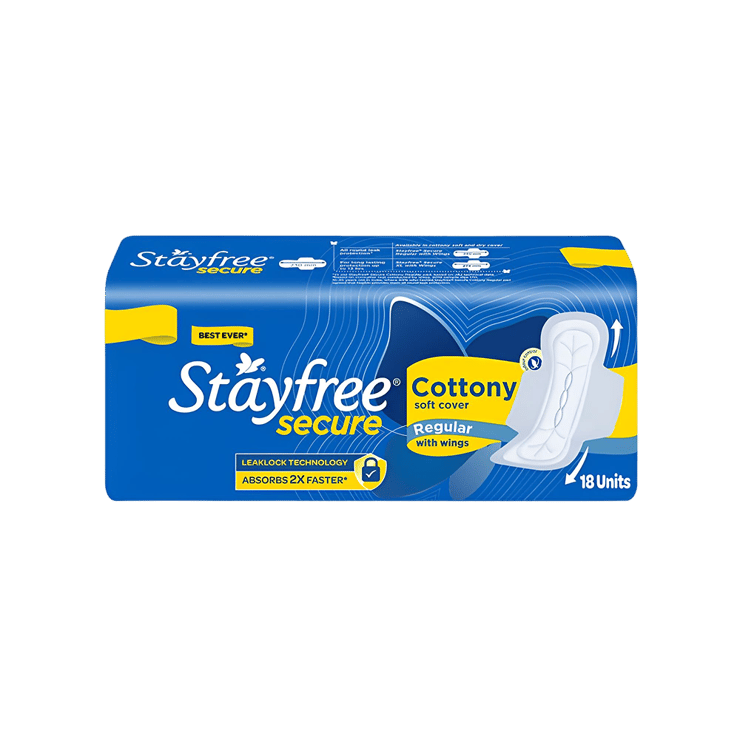Stayfree Secure Cottony Soft Sanitary Pads (Regular Wings) – 1 pack (18 pieces)
