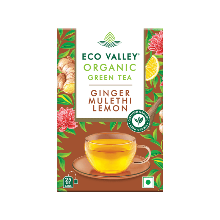 Eco Valley Ginger Mulethi Lemon Green Tea Bags – 25 pieces