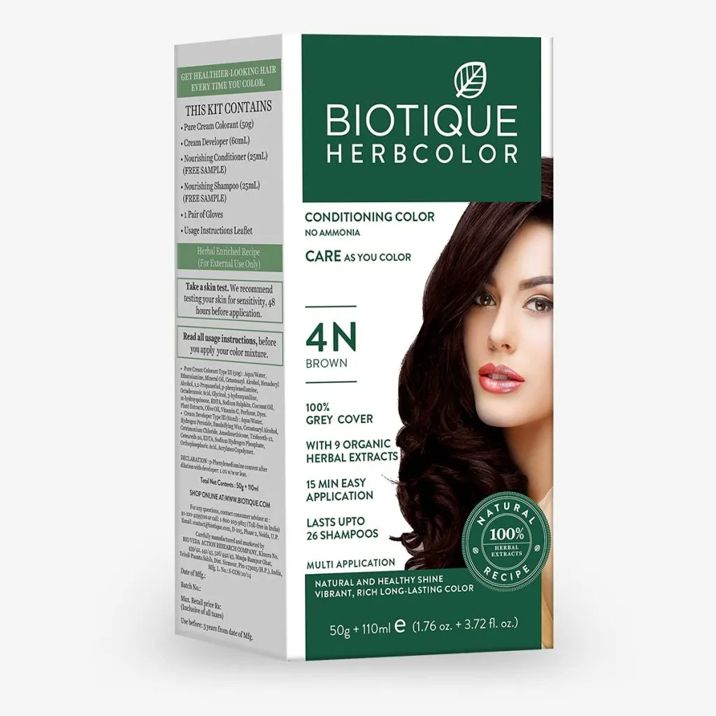 Biotique Herbcolor Conditioning Hair Colour l Ammonia Free Hair Color l 9 Organic Herbal Extracts l Natural and Healthy Shine l 50g + 110ml| Brown 4N