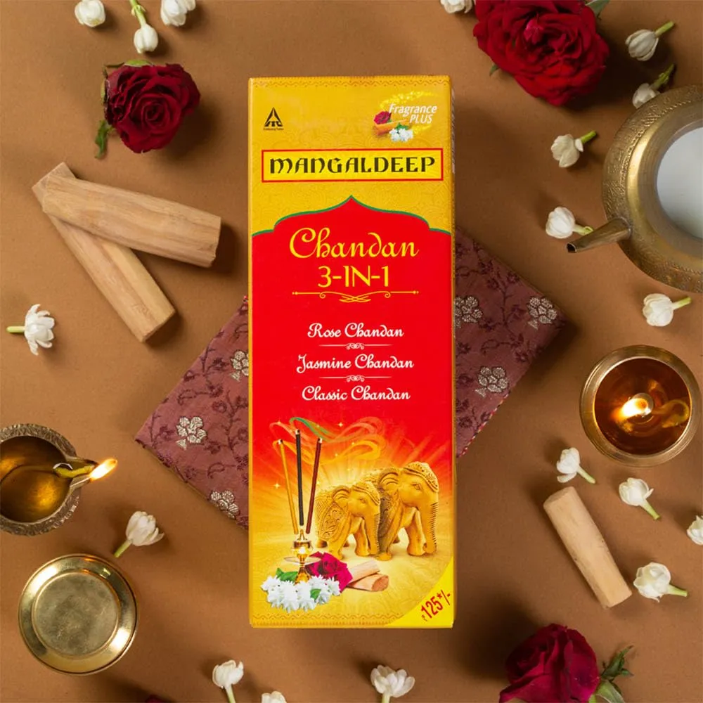 Mangaldeep 3in1 Agarbatti features soothing Chandan, Rose and Jasmine fragrances for a pleasant, refreshing atmosphere.