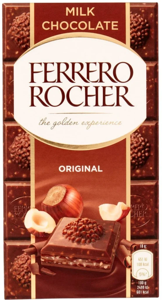 Ferrero Rocher Original Milk Chocolate Bar with Creamy Hazelnut Filling and Crispy Wafer – 90 g