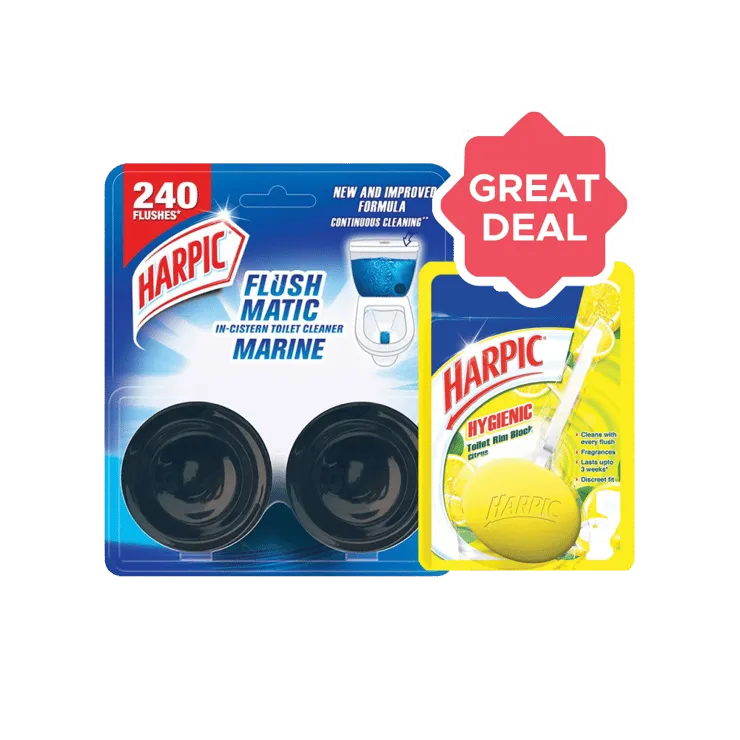 Harpic Hygienic Toilet Cleaner Block (Citrus) +  Flushmatic In-Cister Toilet Cleaner Block (Marine) Combo – 26 g + 100 g