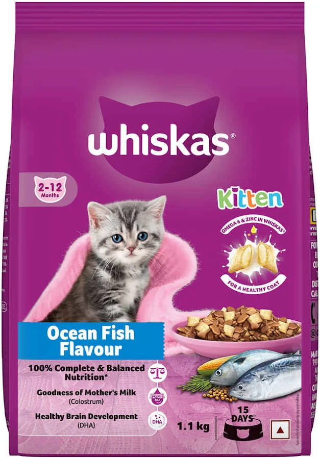 Whiskas Adult dry cat food with ocean fish flavour provides balanced nutrition and essential nutrients for cats.