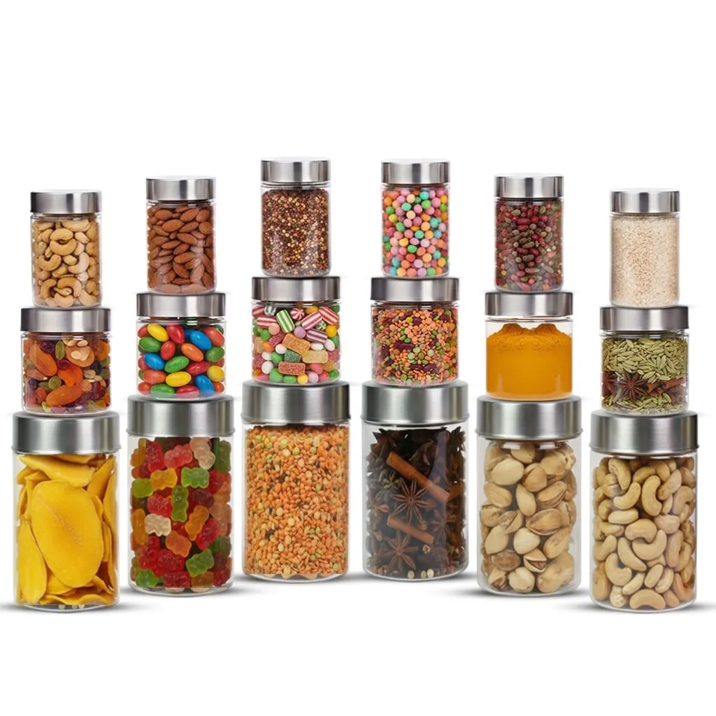 PEARLPET Plus Kitchen Storage Container Set | Transparent Plastic Jars with Steel Caps | 300 ML, 500 ML & 1700 ML Containers | Pack of 18 Pieces | Space-Saving Storage for Kitchen Racks & Refrigerator