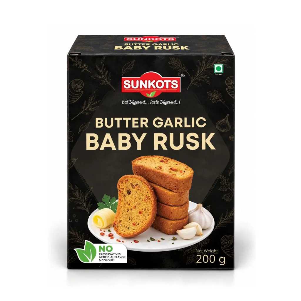 Sunkots Butter Garlic Baby Rusk 200g – Crispy, Crunchy and Flavourful Toasted Snack for Tea Time