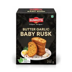 Sunkots Butter Garlic Baby Rusk 200g – Crispy, Crunchy and Flavourful Toasted Snack for Tea Time