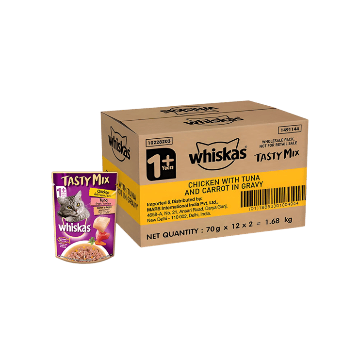 Whiskas Tasty Mix Wet Cat Food (Chicken With Tuna & Carrot in Gravy, 1+ Years) – 24 x 70 g