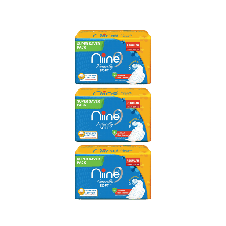 Niine Naturally Soft Regular Sanitary Pads – Pack of 3 – 3 x 18 pieces
