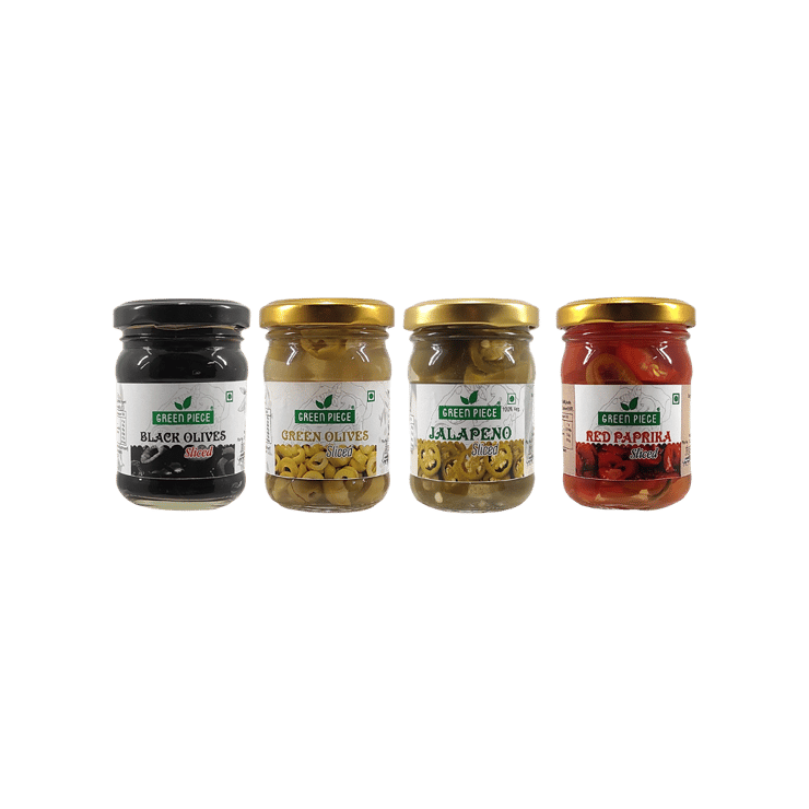 GREEN PIECE Olive, Jalapeno, Peprika Topping Combo – 4 x 120 g