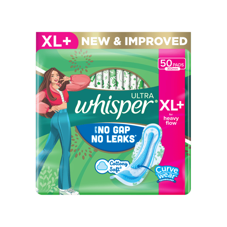 Whisper Ultra Upto No Gap No Leaks Sanitary Pads (XL+, 50 pieces) – 50 pieces