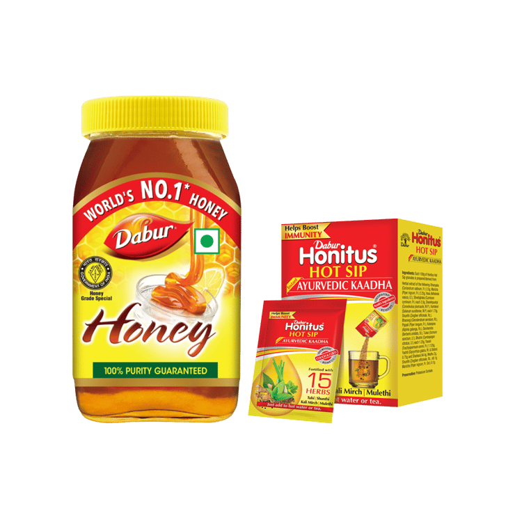 Dabur Honey – 100% Pure, World’s No.1 Honey Brand (No Sugar Adulteration) + Honitus Hot Sip Ayurvedic Kaadha Combo – 250 g + 7 x 4 g